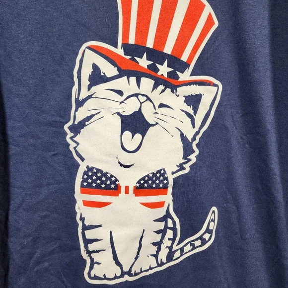 Hanes NWOT Navy Blue Cat Graphic American flag print TShirt woman's size medium - Picture 4 of 8